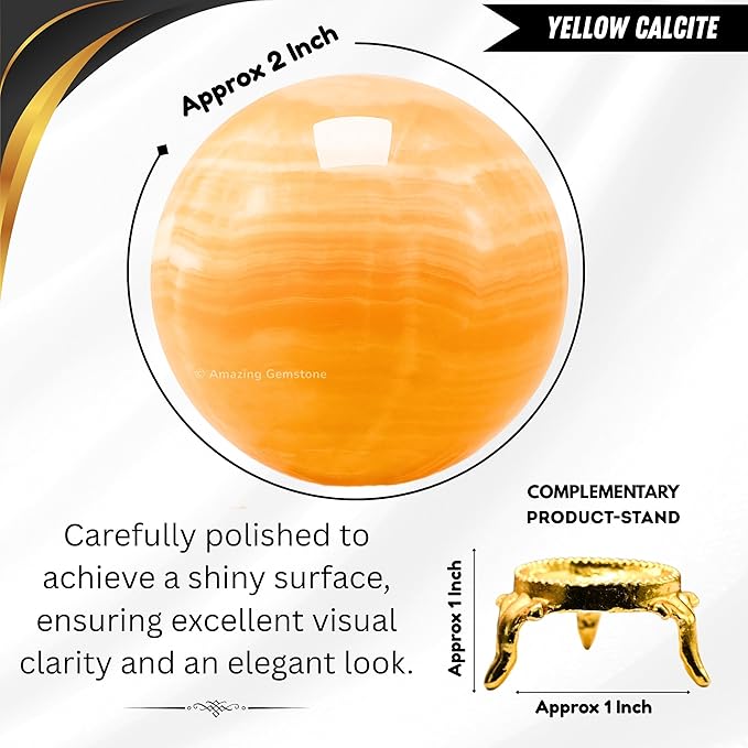 Amazing Gemstone Yellow Calcite Crystal Ball with Stand - 2 Inches Crystal Sphere Meditation Balls for Witchcraft and Decorative Balls