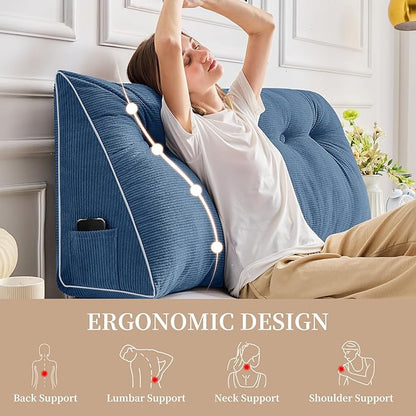 Sasttie Headboard Pillow Full, Wedge Pillow Headboard for Sitting Up in Bed, Back-Rest Support Triangular Cushion for Reading - Features Removable Washable Cover, Blue