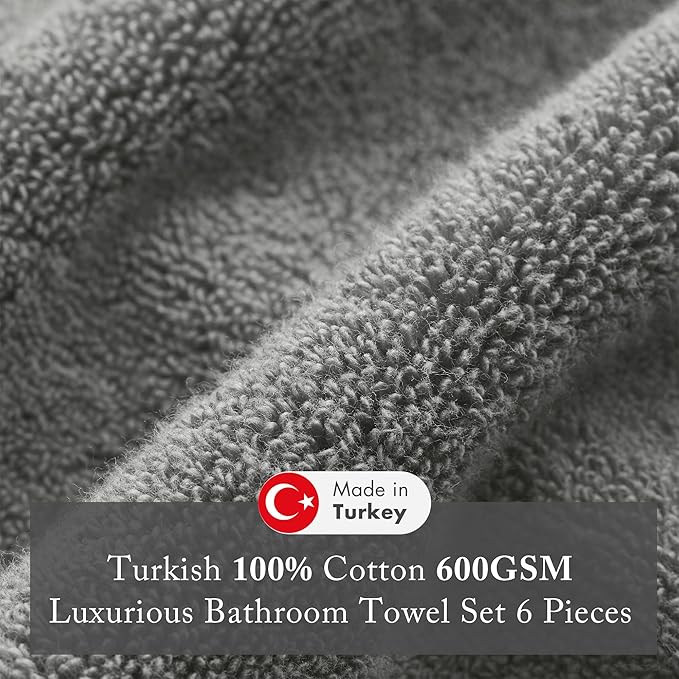 Madison Park Turkish 100% Cotton 600Gsm Luxury Premium Thick Soft Absorbent Hotel Bathroom Towel Set Shower Hand Face Washcloths, Assorted Sizes, Charcoal 6 Piece