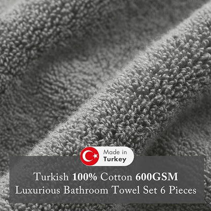 Madison Park Turkish 100% Cotton 600Gsm Luxury Premium Thick Soft Absorbent Hotel Bathroom Towel Set Shower Hand Face Washcloths, Assorted Sizes, Charcoal 6 Piece