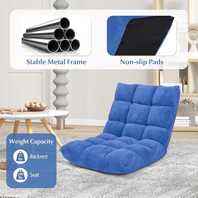 RELAX4LIFE Floor Chair with Back Support - 14-Position Adjustable Lazy Sofa Chairs, Padded Sleeper Bed & Couch Recliner for Reading Meditation, Folding Floor Gaming Chair for Adults (Blue)