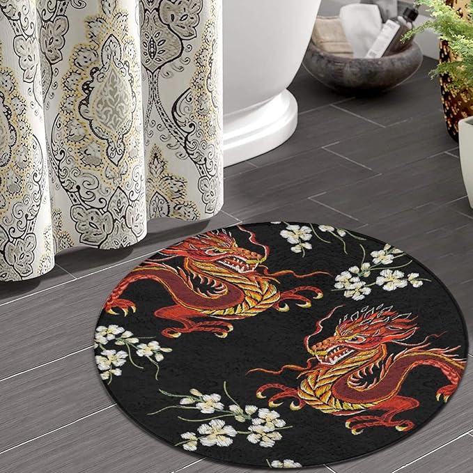 Soft Round Yoga Carpet, Large Home Decor Mat, Non-Slip Machine Washable Kitchen Office Circle Rug Compatible with Floral Chinese Japanese Dragon Flower