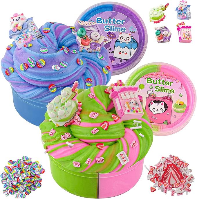 LAWOHO 2X120ml Butter Slime Kit Includes Two-Toned Butter Slime with 6 Packs Add-Ins, Slime for Kids Party Favors, Dessert Butter Slime Kit for Girls Boys Birthday Halloween Christmas Easter Gifts