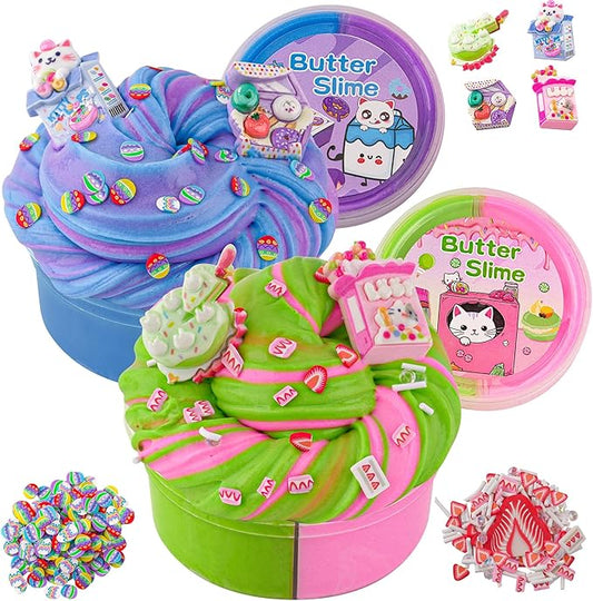 LAWOHO 2X120ml Butter Slime Kit Includes Two-Toned Butter Slime with 6 Packs Add-Ins, Slime for Kids Party Favors, Dessert Butter Slime Kit for Girls Boys Birthday Halloween Christmas Easter Gifts