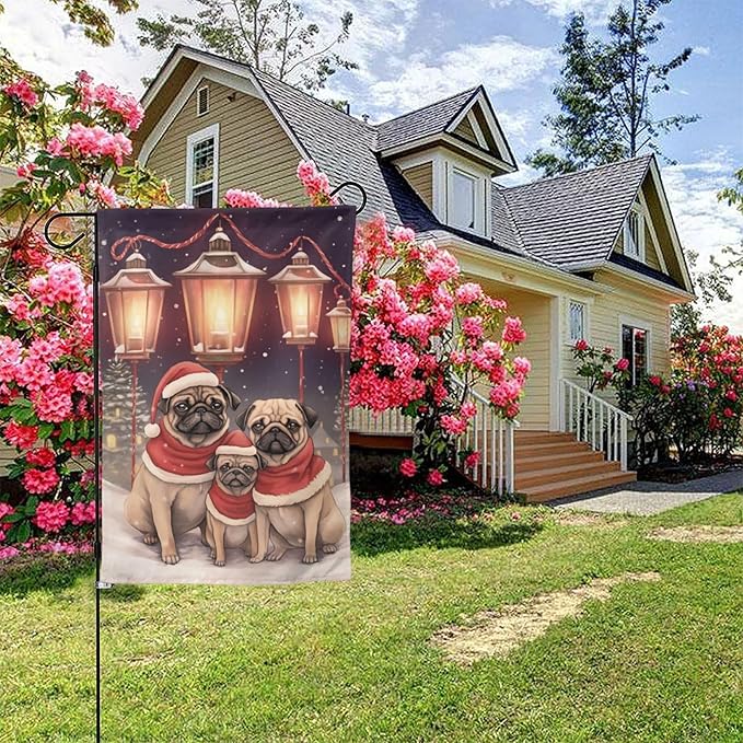 Christmas Pug Garden Flag 12x18 In Double Sided Yard Flags Lawn Sign Decor No Flagstand