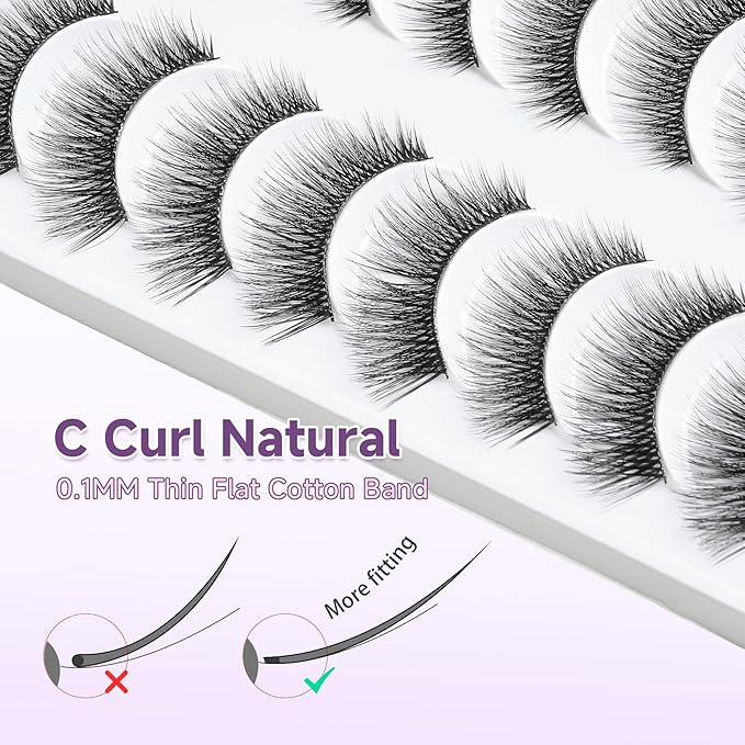Eyelashes Natural Cat Eye Lashes 15mm Wispy Eyelashes Thin Band False Eyelash 3D Volume False Lashes Soft Lash Strips C Curl Natural Fake Lash 10 Pair EVENTILL