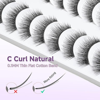 Eyelashes Natural Cat Eye Lashes 15mm Wispy Eyelashes Thin Band False Eyelash 3D Volume False Lashes Soft Lash Strips C Curl Natural Fake Lash 10 Pair EVENTILL