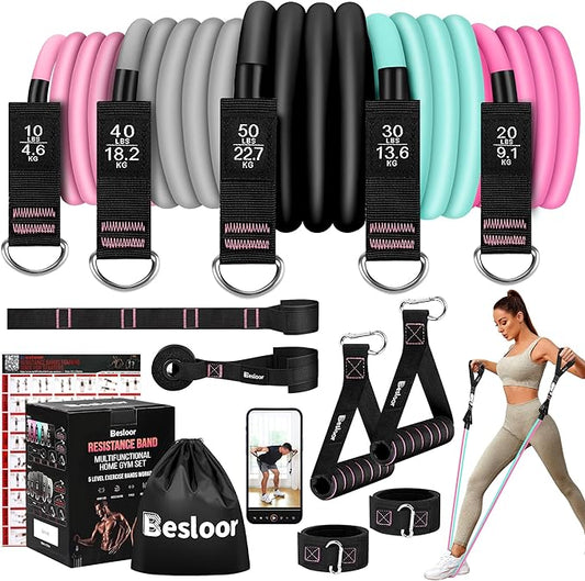 Resistance Band Set. Exercise Bands with Handles, Door Anchor and Ankle Strap. Home Gym, Supports Full-Body Workouts - with Training Guide and Fitness Video