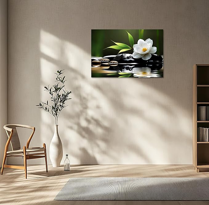 YIOZHAOFH Lotus Flower Wall Art Zen Canvas Inhale Exhale Poster Black Spas Nature Prints Pictures for Meditation Wall Decor Framed Artwork Ready to Hang (28.00" x 44.00")