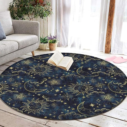 Large Machine Washable Circular Rugs, Home Decor Round Mat for Living Room Sofa Office Compatible with Sun Moon Boho Astrology