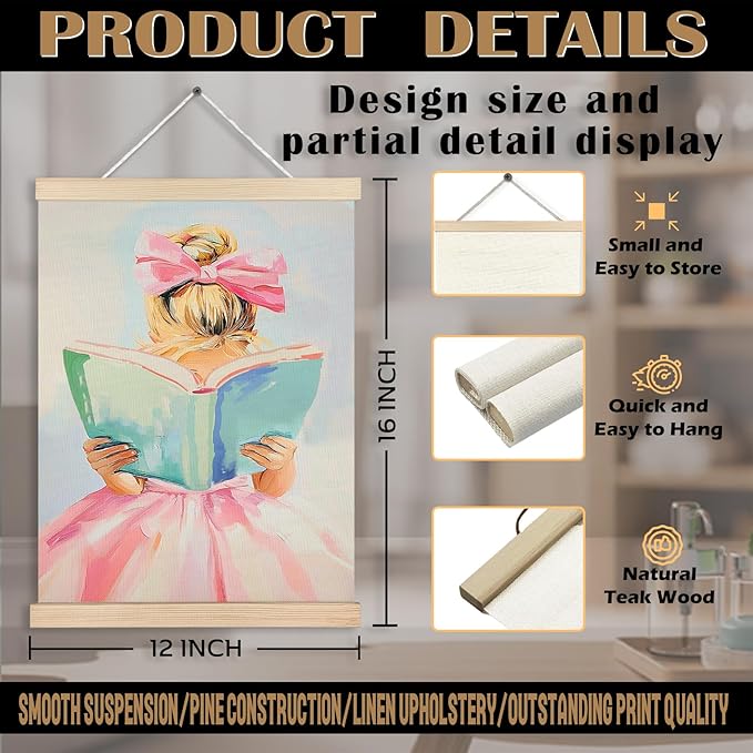 Little Girl Reading Book Wall Art, Girls Room Decor, Preppy Room Decor, Gift for Book Lovers, Book Reading Canvas Wall Art Poster Hanger Frame for Reading Room Corner Classroom Decor, 12x16 Inch