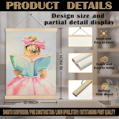 Little Girl Reading Book Wall Art, Girls Room Decor, Preppy Room Decor, Gift for Book Lovers, Book Reading Canvas Wall Art Poster Hanger Frame for Reading Room Corner Classroom Decor, 12x16 Inch