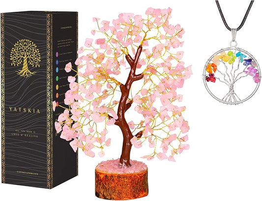 YATSKIA Rose Quartz Tree - Quartz Crystal Tree for Positive Energy - Birthday Gifts for Women - Feng Shui Decor - Gemstone Home Decor - Pink Desk Accessories