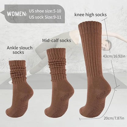 COOVAN Grip Pilates Socks for Women 3 Pairs Yoga Slouch Crew Long Scrunch Slipper Socks for Barre Ballet Dance Hospital