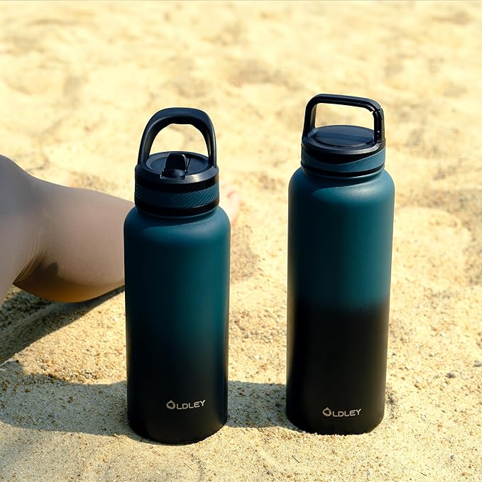 OLDLEY 40 oz Insulated Water Bottle With Straw, Stainless Steel Sports Water Cup Flask with 3 Lids(Straw, Spout and Handle Lid) Double Walled Travel Thermal Canteen Mug,Midnight Black