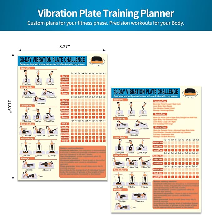 Whole Body Vibration Plate Exercise Poster Set - 6 Workout Guides & 2 Customizable 30-Day Plans for Home & Gym Use
