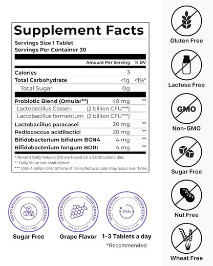 K-Nutra Dentifresh Xylitol Tabs Purple (24g, 30 Tablets) Holiday Gifts 4 Billion CFU, Sugar-Free Oral Probiotics for Teeth & Mouth, Bad Breath Gums, Safe for Bedtime, Mild Grape Flavor with OMULA