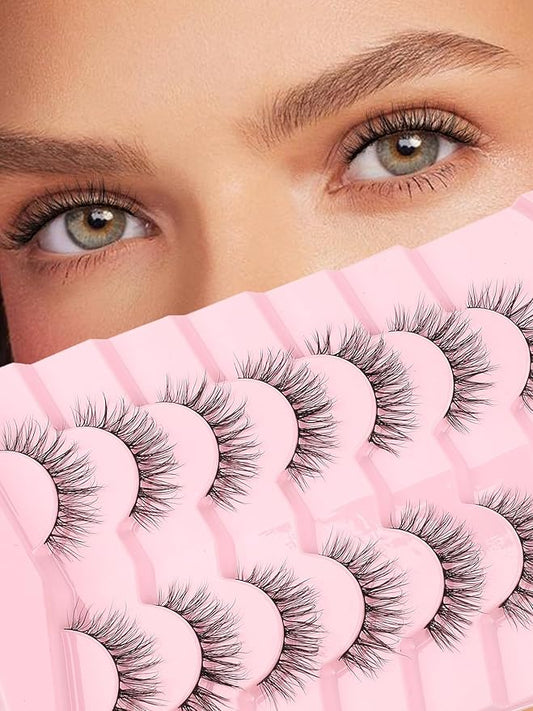 Natural Eyelashes False Eyelashes Natural Lashes 15mm Wispy Eyelashes with Thin Band 3D Volume False Lashes Soft Strip Lashes Pack C Curl Natural Eye Lashes Fake Eyelashes 7 Pair EVENTILL