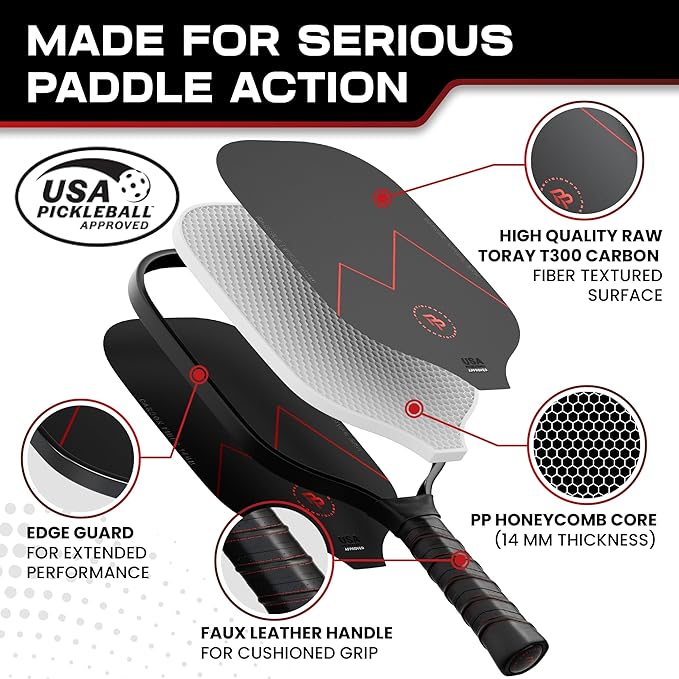 Precision Pro Premium Carbon Fiber Pickleball Paddle- 14mm Pickleball Paddles Set of 2 w/Unique Design Handles & Indoor Outdoor Pickleball Balls - Comfortable Pickleball Paddle Grip, USA Approved