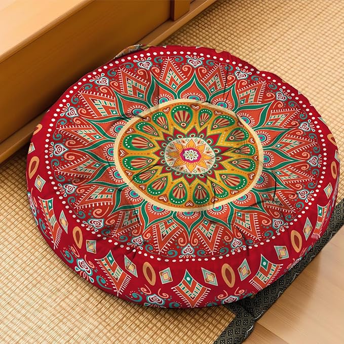 Mandala Meditation Cushion, Boho Meditation Mat, Meditation Pillows for Sitting on Floor, Cushions for Sitting in Home and Outdoor, Round Floor Pillows Cushion Seating for Yoga 22'' X 22''