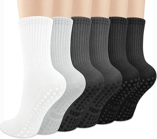 Justay 6 Pairs Pilates Socks with Grips for Women Soft Non Slip Crew Cotton Athletic Workout Barre Hospital Yoga Socks