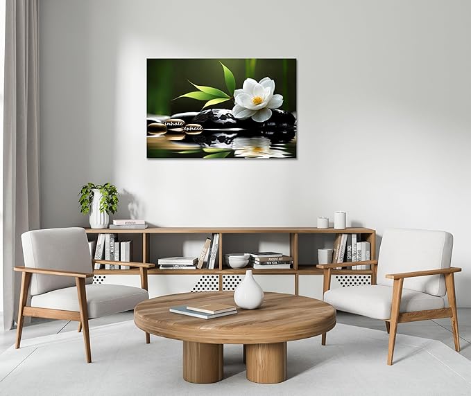 YIOZHAOFH Lotus Flower Wall Art Zen Canvas Inhale Exhale Poster Black Spas Nature Prints Pictures for Meditation Wall Decor Framed Artwork Ready to Hang (28.00" x 44.00")