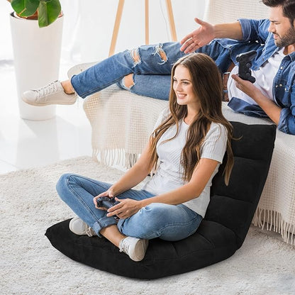 Moccha 14-Position Floor Chair, Folding Sofa Chair with Back Support, Memory Foam Floor Gaming Chairs for Adults, Adjustable Padded Couch Recliner Sleeper Bed for Reading, Meditating, Black
