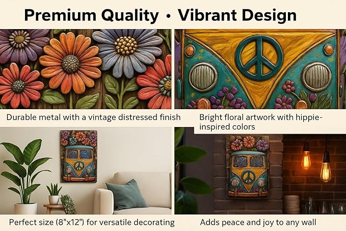 Retro Peace Van Metal Wall Art Sign, 8x12 Inches, Colorful Floral Design, Vintage Hippie Style Home Decor