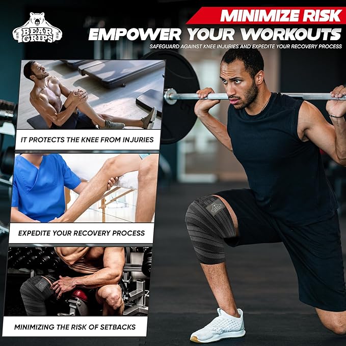 Bear Grips Knee Wraps - Heavy Duty Knee Brace Pair Compression and Elastic Support for Squats, Weightlifting, Powerlifting - Home Gym Workout Equipment Knee Support for Men and Women (Black and Gray)