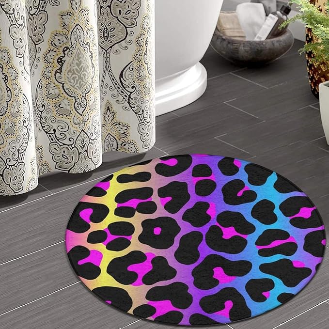 Soft Round Yoga Carpet, Large Home Decor Mat, Non-Slip Machine Washable Kitchen Office Circle Rug Compatible with Cheetah Skin Rainbow Leopard Print