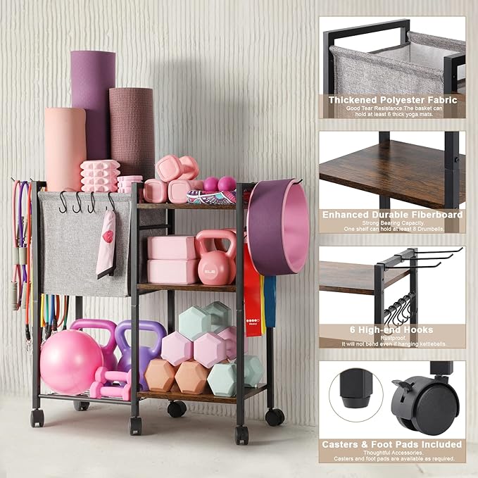 Yoga Mat Storage Rack Home Gym Equipment Organizer Holder for Foam Roller Dumbbells Kettlebells Resistance Bands and More Accessories Women Men Workout Organization with Hooks Wheels (Black)