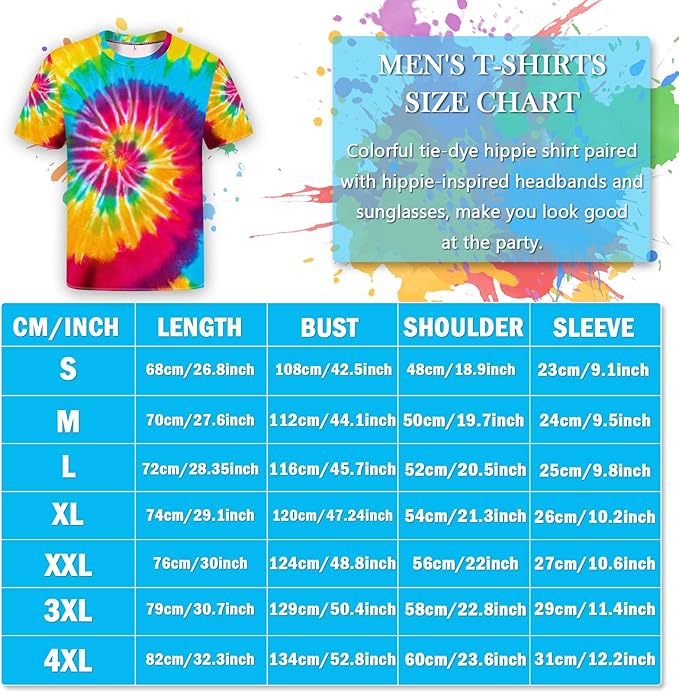 Hippie Costume for Men Women 4PCS Mens 60s 70s Outfit Set Colorful Hippie Shirt Sunglasses Headband Peace Necklace