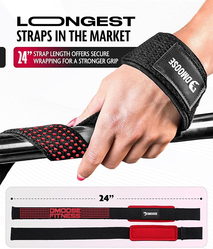 DMoose Fitness Lifting Straps 24" (Pair) - 5mm Padded Durable Wrist Straps for Weightlifting & Powerlifting - Cotton Lifting Strap with Silicone Grip for Men & Women - Deadlift Strap for Gym Workout