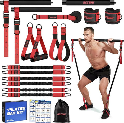 Pilates Bar Kit with Resistance Bands for Working Out, 210lbs Heavy Resistance Bands with Handles, Pilates Equipment with Resistance Band Bar for Men Women, at Home Gym Full Body Workout Equipment