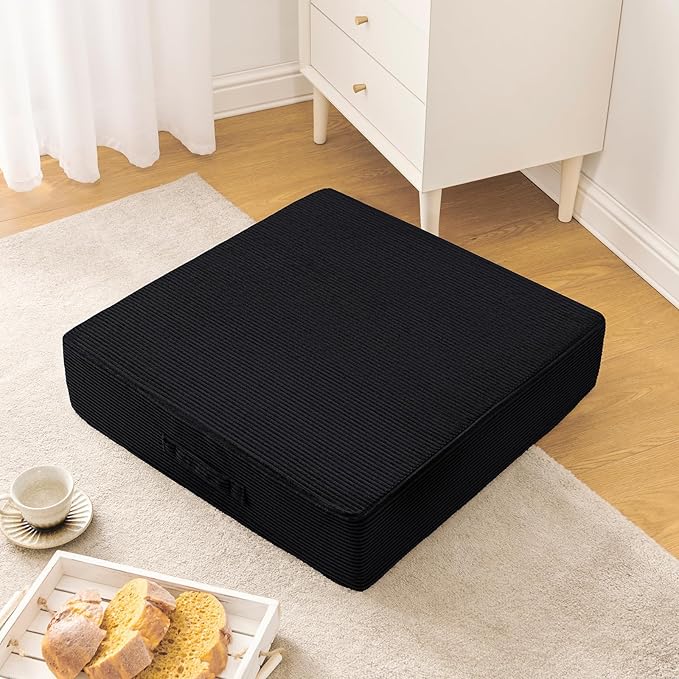 Solid Square Floor Pillows for Adults Kids - Large Meditation Floor Pillow Seating Cushion with Thick Foam & Washable Velvet Cover, 2 Pack, 22x22x5 Inch, Black