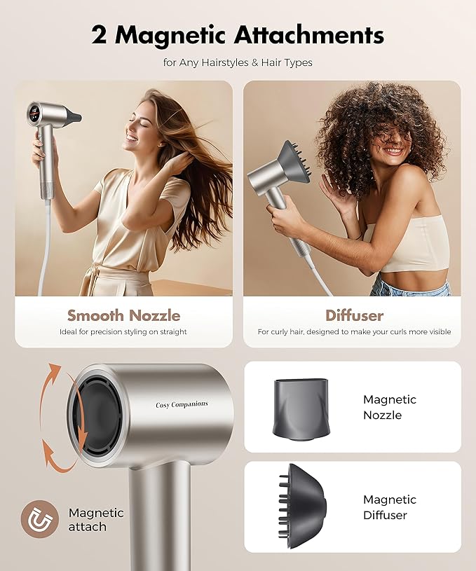 Hair Dryer, 150000RPM High-Speed Hairdryer for Fast Drying, Low Noise, HD Display, 5 Temps & 2 Speeds, 500 Million Negative Ionic Blow Dryer with Diffuser & Nozzle for Home and Travel Salon, Gold