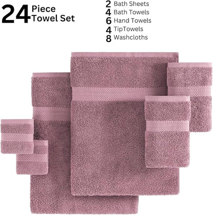 LANE LINEN 100% Cotton Bathroom Towels Set - 24 Pc - Ringspun, Quick Dry, Soft & Absorbent - 2 Bath Sheets, 4 Bath, 6 Hand Towels, 8 Washcloths, 4 Fingertip - Medium GSM, Regular Use - Wistful Mauve