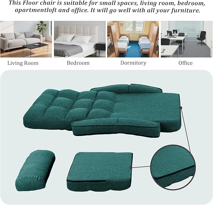 Adjustable Floor Chair for Adults with Back Suppor,5-Position Folding Lazy Sofa with Pillow, Gaming & Meditation Chair with Breathable Fabric - for Living Room, Bedroom, Office,Balcony (Green)