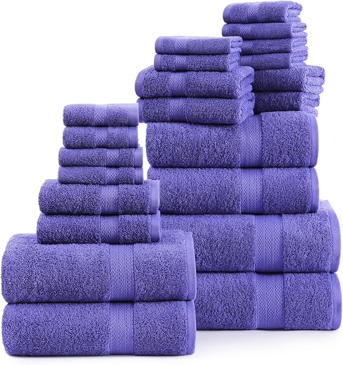 LANE LINEN 100% Cotton Bathroom Towels Set - 24 Pcs - Absorbent, Ideal for Guest, Spa & Daily Use - 2 Bath Sheets, 4 Bath, 6 Hand Towels, 8 Washcloth, 4 Fingertip - Ideal for Boys & Dorm - Blue Irish
