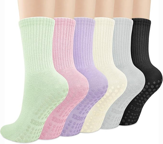 Justay 6 Pairs Pilates Socks with Grips for Women Soft Non Slip Crew Cotton Athletic Workout Barre Hospital Yoga Socks