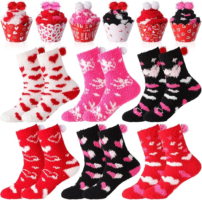 Geyoga 6 Pair Christmas Cupcake Fuzzy Socks for Women Cute Cozy Fluffy Winter Warm Slipper Socks