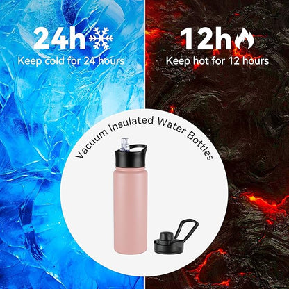 16 oz Insulated Water Bottle with Straw Lids, Stainless Steel Kids Water Bottles for School, Double Wall Vacuum Metal Water Bottle with Straw & Wide Mouth Lid, Harbor Pink 8 Pack