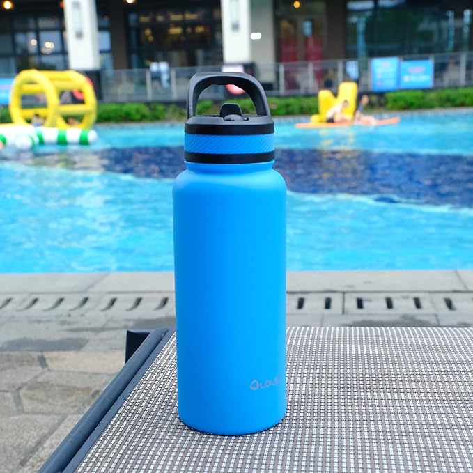 OLDLEY 32 oz Insulated Water Bottle With Straw, Stainless Steel Sports Water Cup Flask with 3 Lids(Straw, Spout and Handle Lid) Double Walled Travel Thermal Canteen Mug,Sky Blue