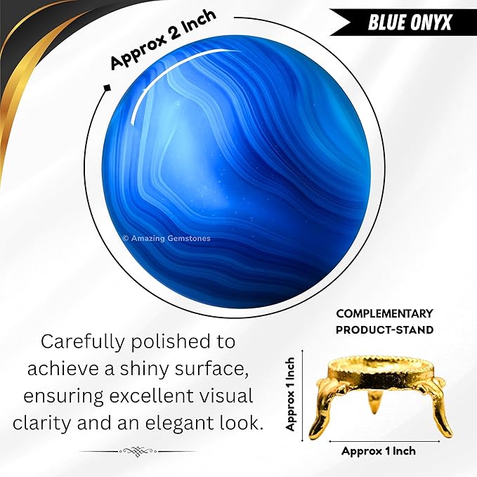 Amazing Gemstone Blue Onyx Crystal Ball with Stand - 2" Inches Crystal Sphere Meditation Balls for Witchcraft and Decorative Balls