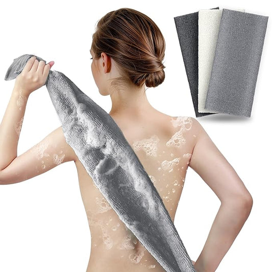 ARCH&M Exfoliating Washcloth (3 Pack), Japanese Body Scrubber for Shower, Long Nylon Towel for Back, Korean Exfoliation for Glowing Skin (Gray Black Off-White)