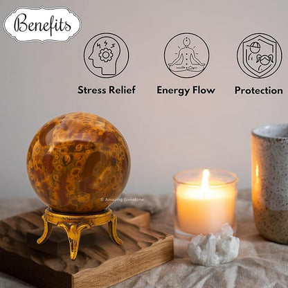 Amazing Gemstone Fruit Jasper Crystal Ball with Stand - 2 Inches Crystal Sphere Meditation Balls for Witchcraft and Decorative Balls
