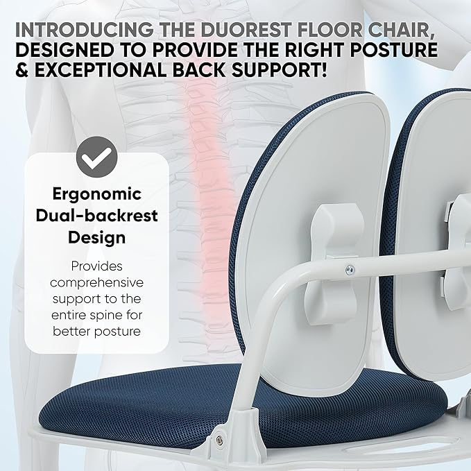 Made in Korea Dual-Backrests Ergonomic Floor Chair With Back Support - Meditation, Gaming, Reading Chair for Adults, Foldable (Blue)