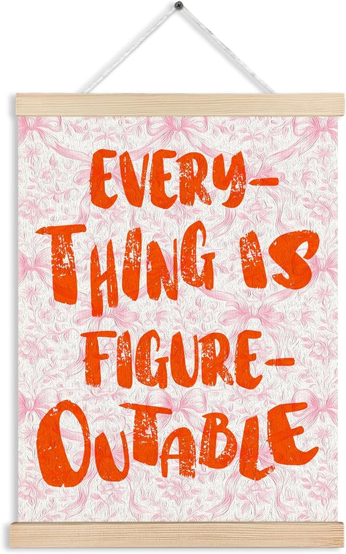 Pink Bow Everything is Figureoutable Inspirational Wall Art Poster Framed, Preppy Room Decor, Pink and Orange Floral Positive Canvas Wall Art Prints for Girls Room Dorm Apartment, 12x16 Inches