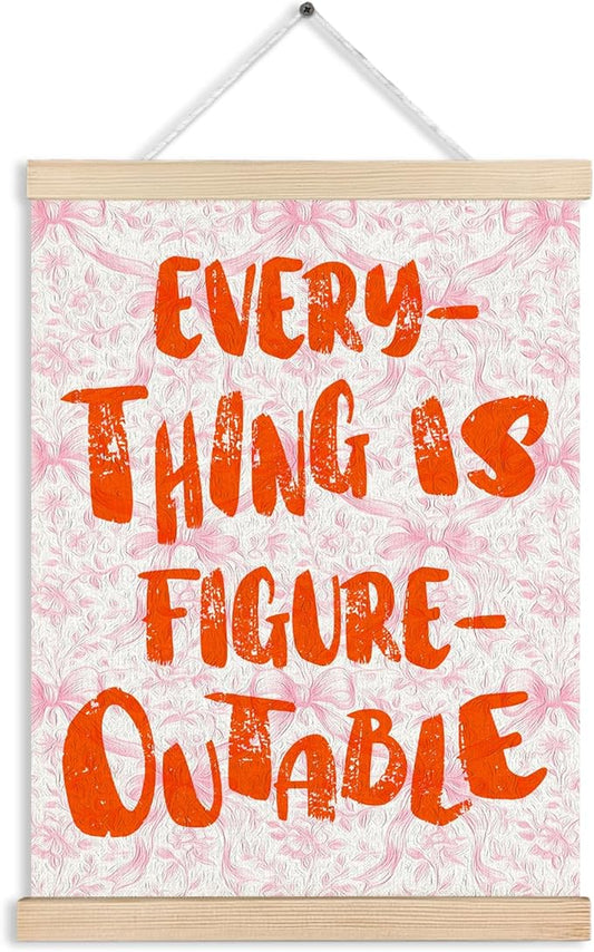 Pink Bow Everything is Figureoutable Inspirational Wall Art Poster Framed, Preppy Room Decor, Pink and Orange Floral Positive Canvas Wall Art Prints for Girls Room Dorm Apartment, 12x16 Inches