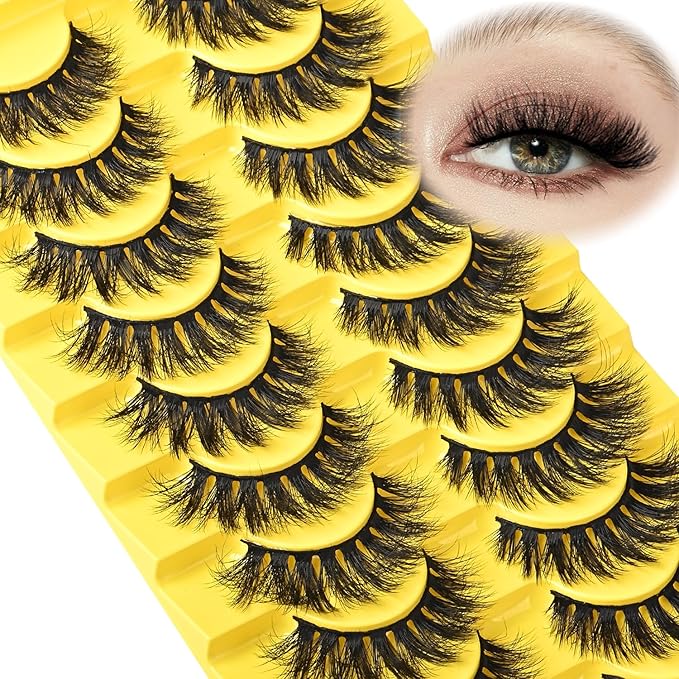 Lashes Fluffy Eyelashes Wispy False Lash Natural Mink Eyelash Strips 10 Pairs 8D Doll Eye Volume Eyelashes Reusable Thick Wispies Crossed Lash Packs Fake Strip Lashes for Women